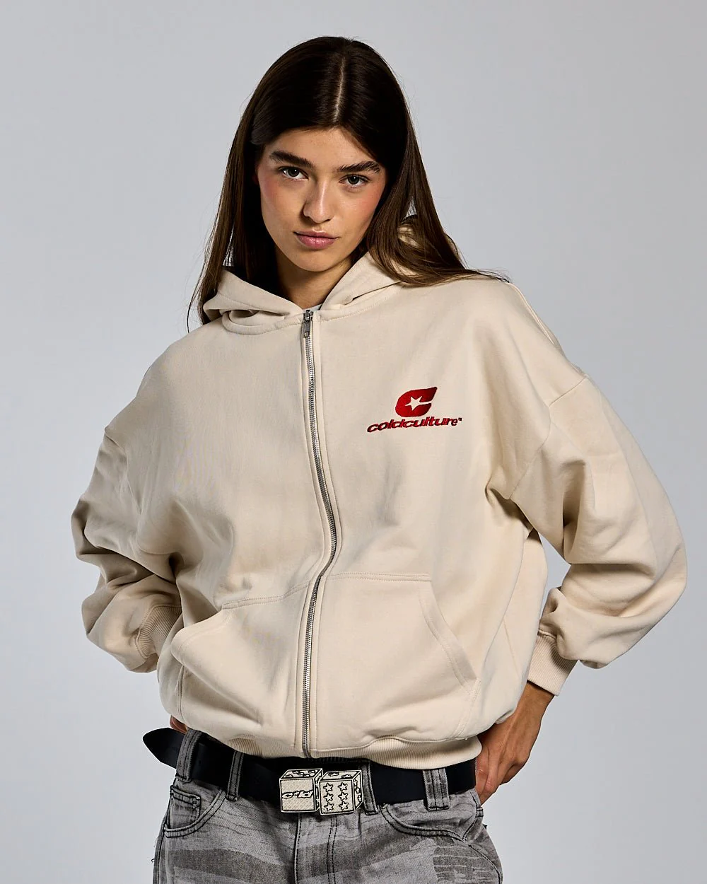 CURVED ZIP HOODIE CREAM - Image 5