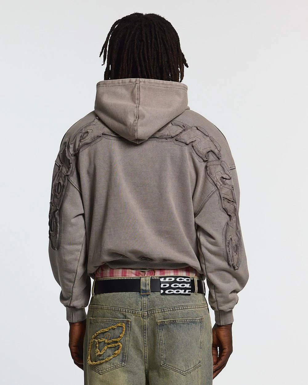 DISTRESS CURVED HOODIE WASHED GREY - Image 2