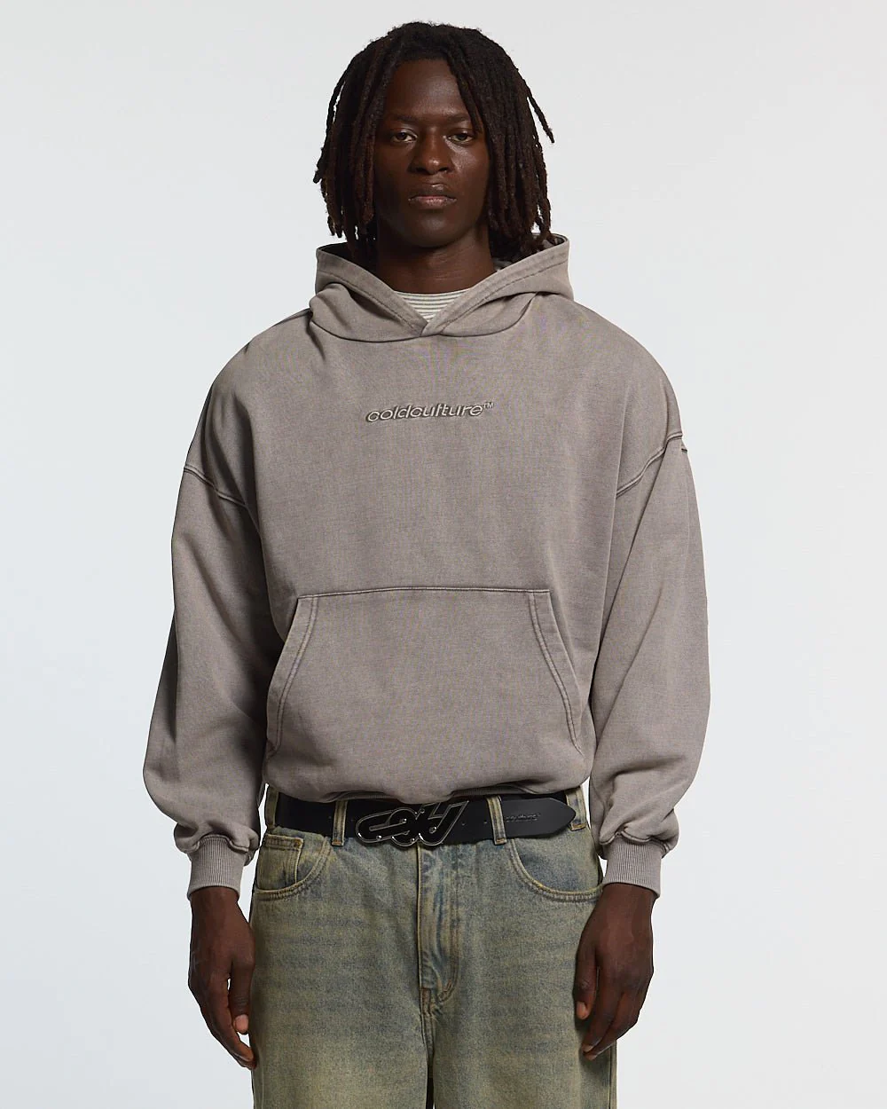 DISTRESS CURVED HOODIE WASHED GREY - Image 4
