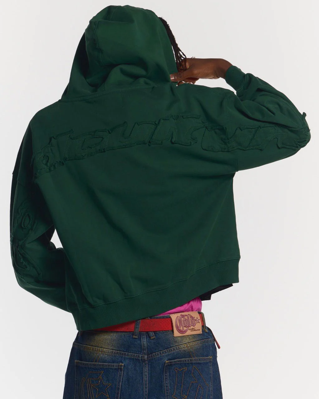 DISTRESS CURVED ZIP HOODIE GREEN - Image 2