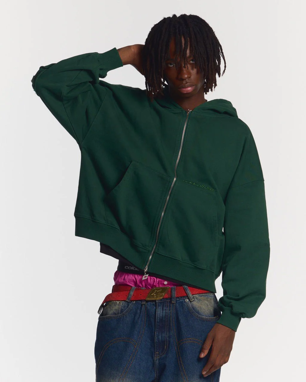DISTRESS CURVED ZIP HOODIE GREEN - Image 4