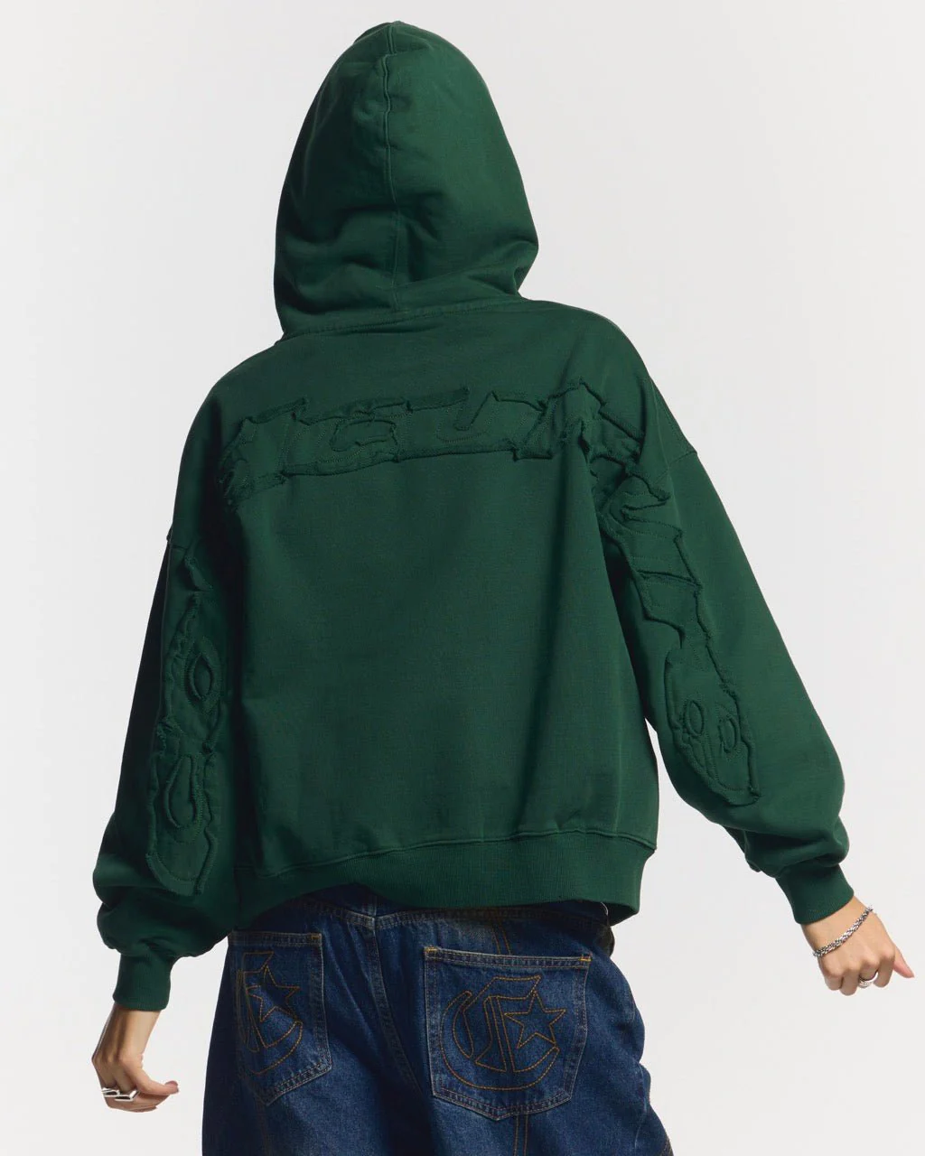 DISTRESS CURVED ZIP HOODIE GREEN - Image 5