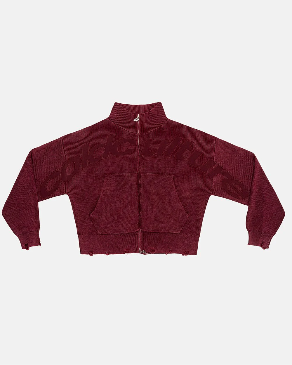 DISTRESS CURVED ZIP KNIT BURGUNDY - Image 2