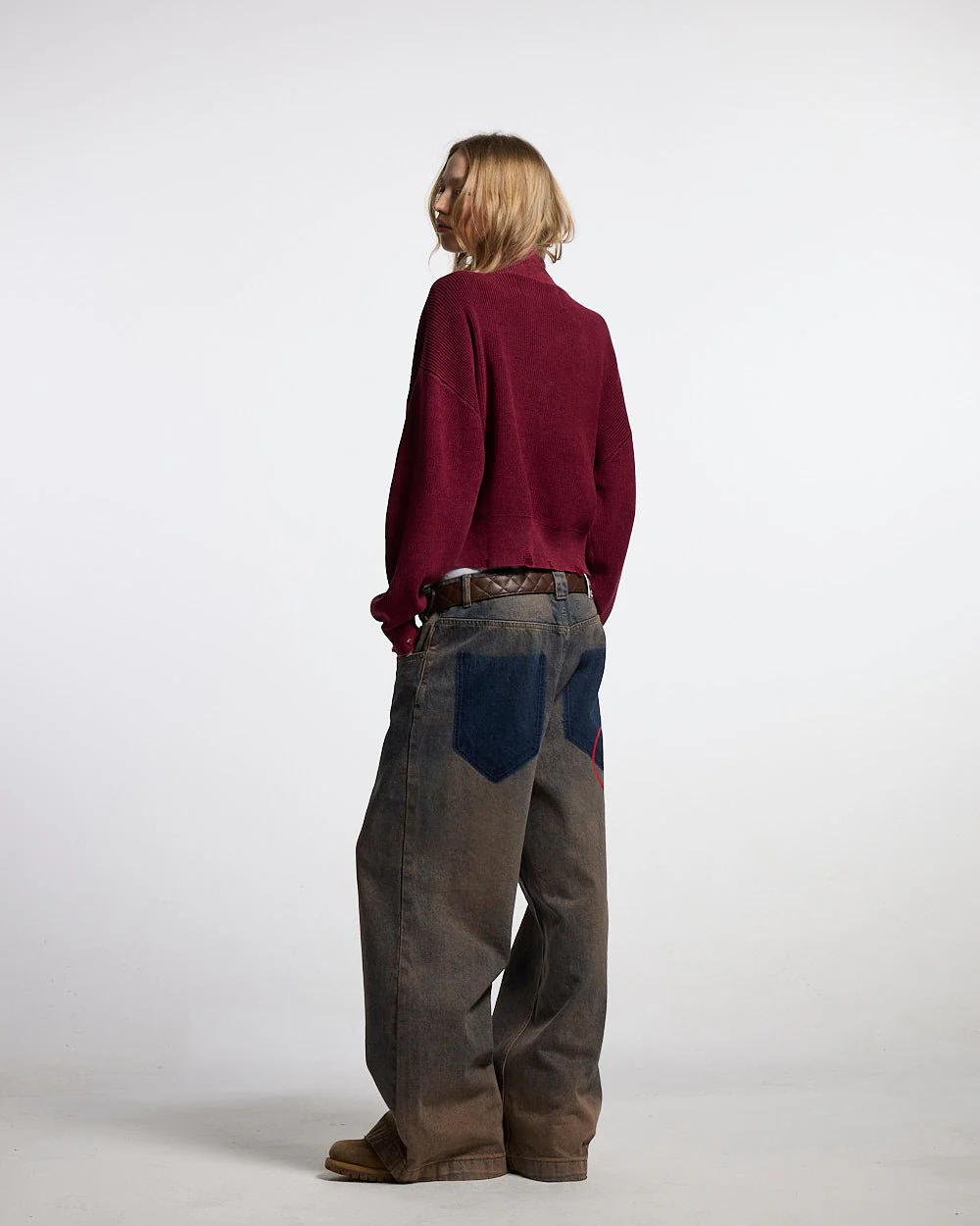 DISTRESS CURVED ZIP KNIT BURGUNDY - Image 7