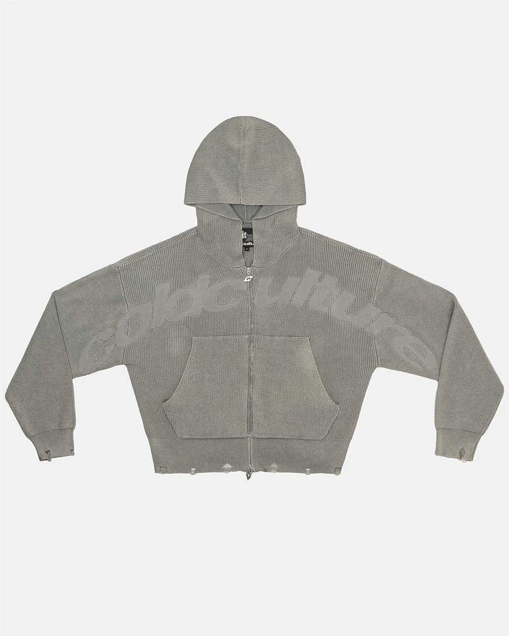 DISTRESS CURVED ZIP KNIT HOODIE GREY - Image 2