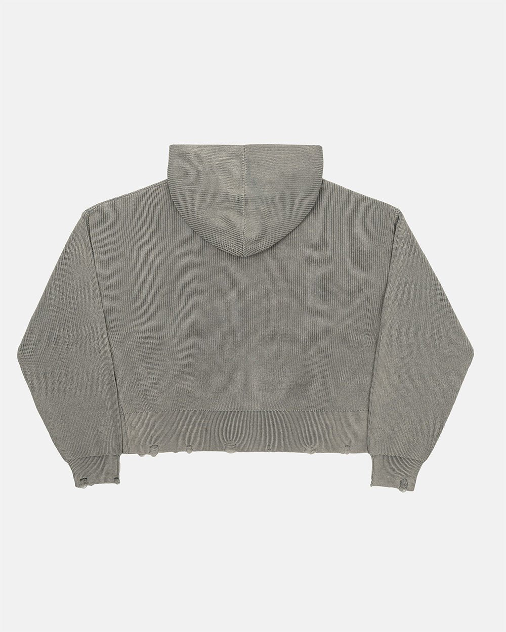DISTRESS CURVED ZIP KNIT HOODIE GREY - Image 3