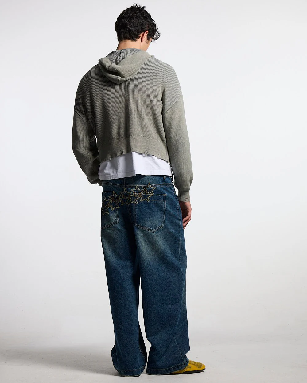 DISTRESS CURVED ZIP KNIT HOODIE GREY - Image 4