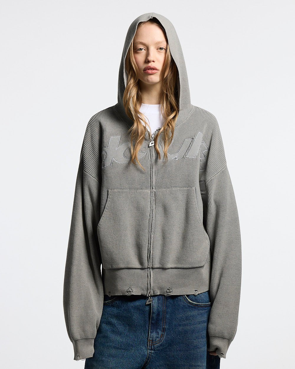 DISTRESS CURVED ZIP KNIT HOODIE GREY - Image 5