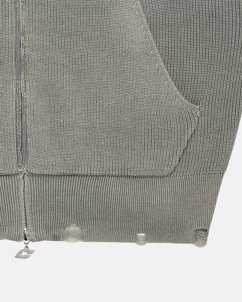 DISTRESS CURVED ZIP KNIT HOODIE GREY - Image 6