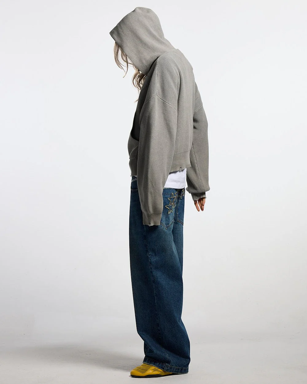 DISTRESS CURVED ZIP KNIT HOODIE GREY - Image 7