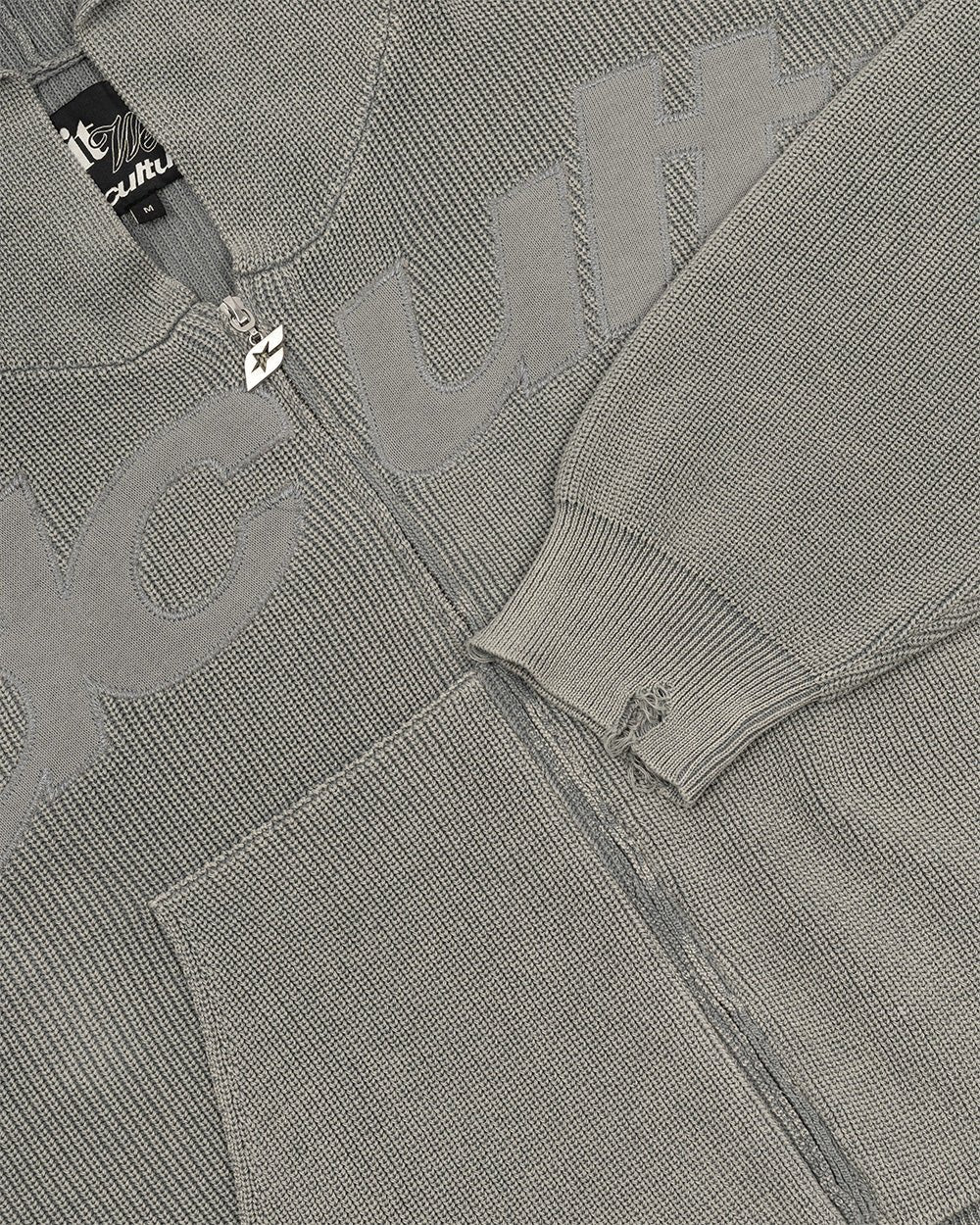 DISTRESS CURVED ZIP KNIT HOODIE GREY - Image 8