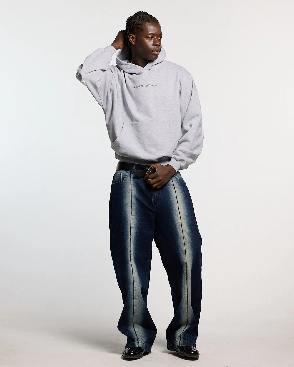 DISTRESS CURVED HOODIE LIGHT GREY - Image 4