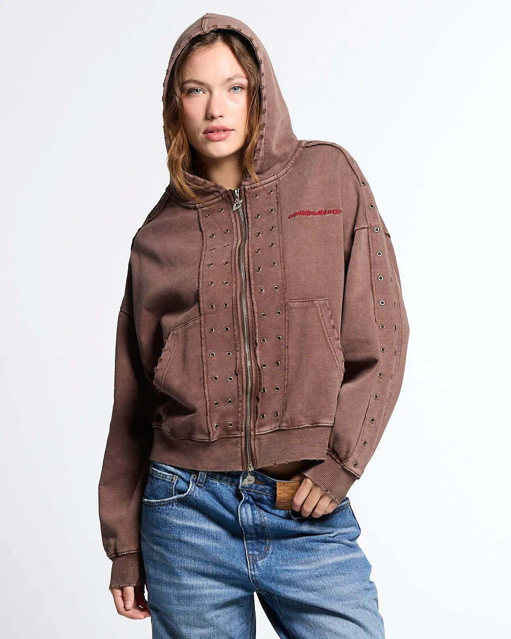 EYELET ZIP HOODIE BROWN - Image 9