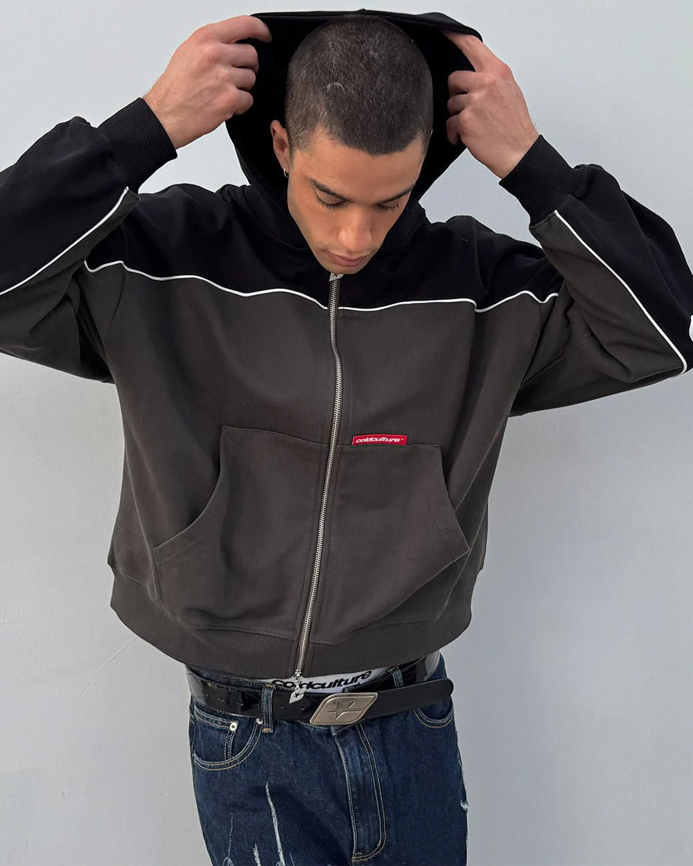 FLESH ZIP HOODIE BLACK & GREY - Image 8