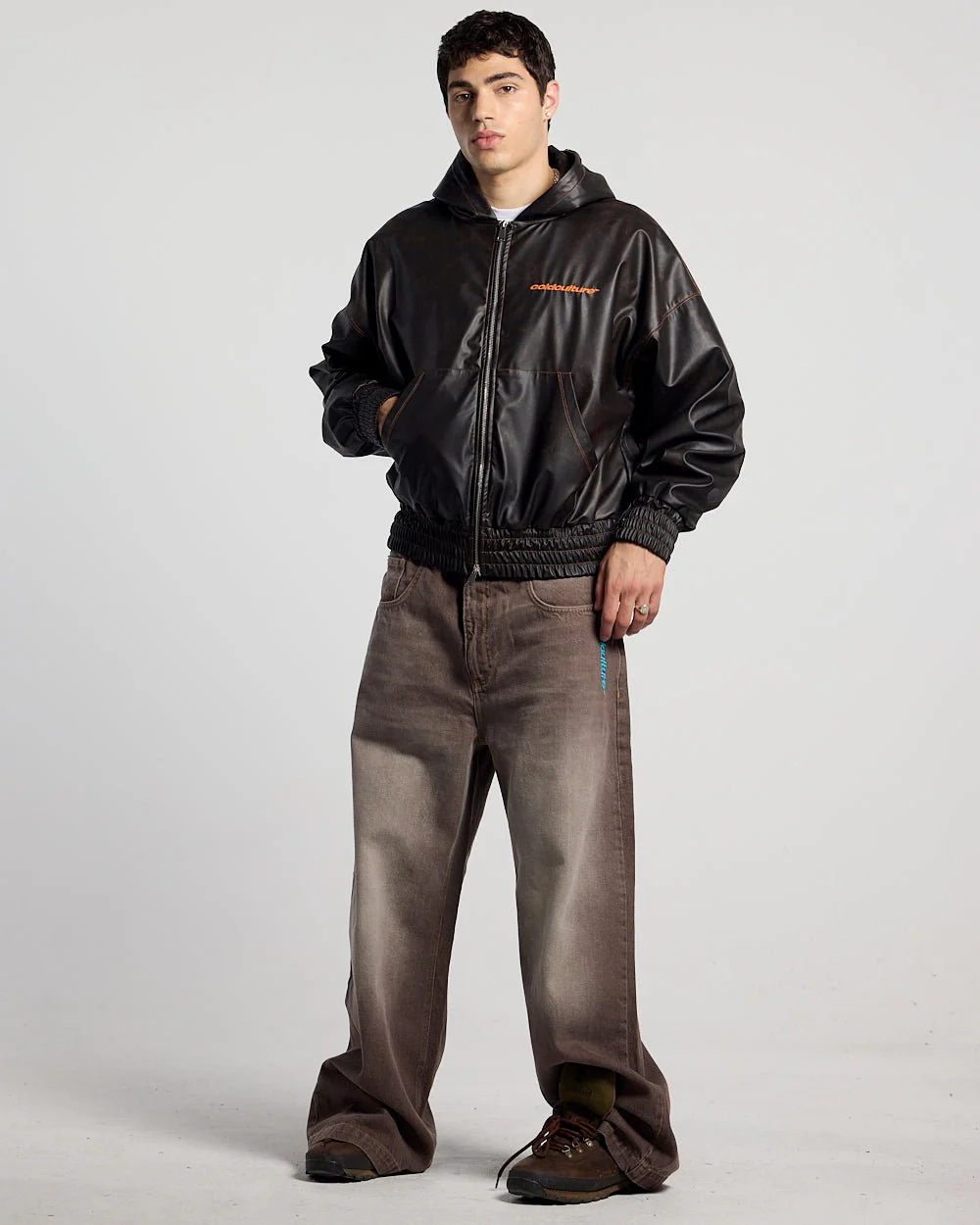FAUX LEATHER ZIP HOODIE BROWN - Image 4