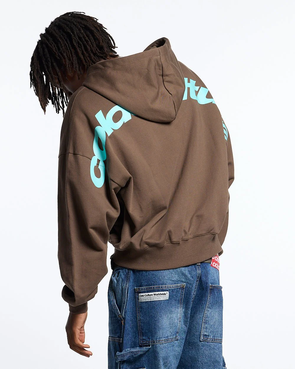 CURVED ZIP HOODIE BROWN & BLUE - Image 2