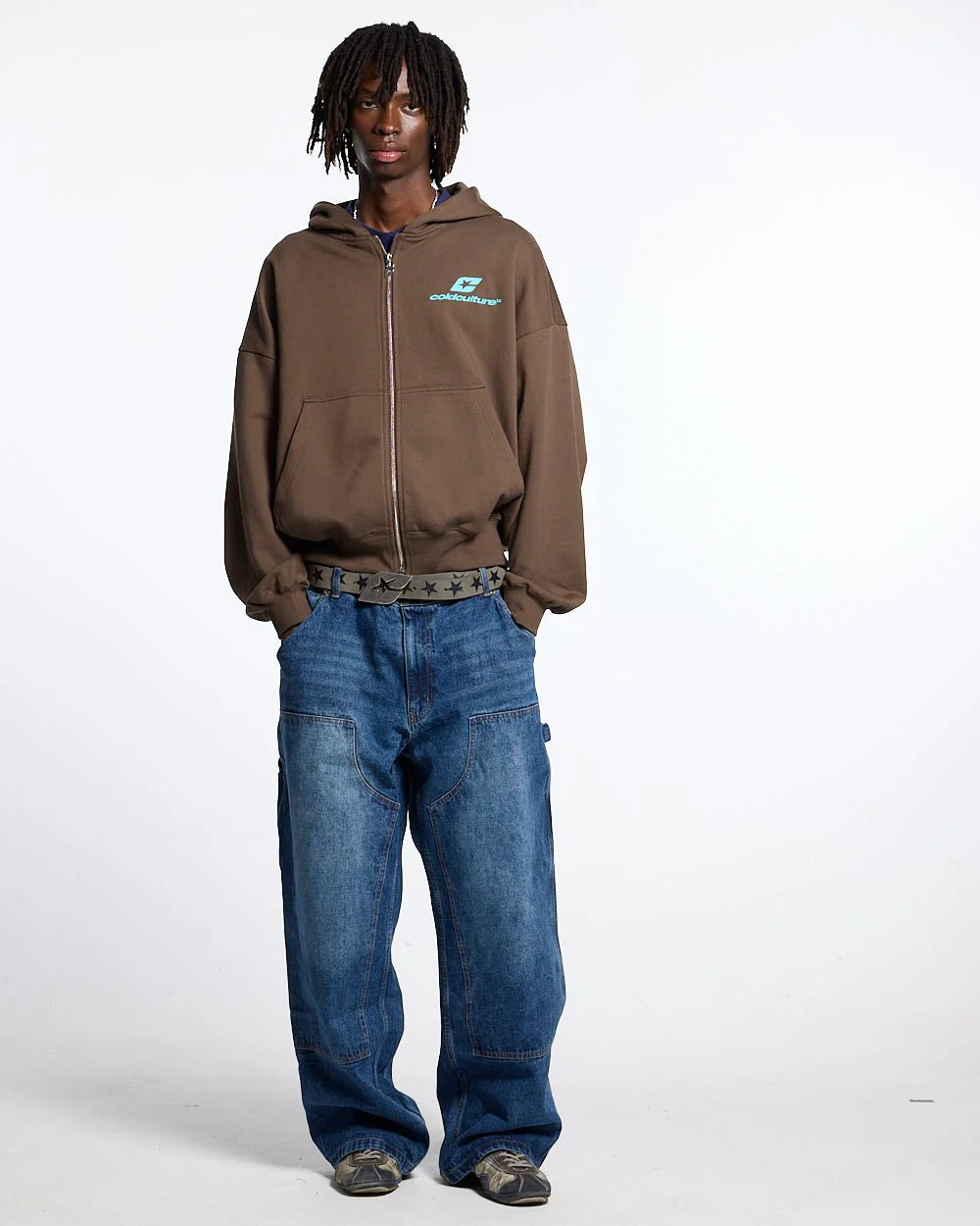 CURVED ZIP HOODIE BROWN & BLUE - Image 4