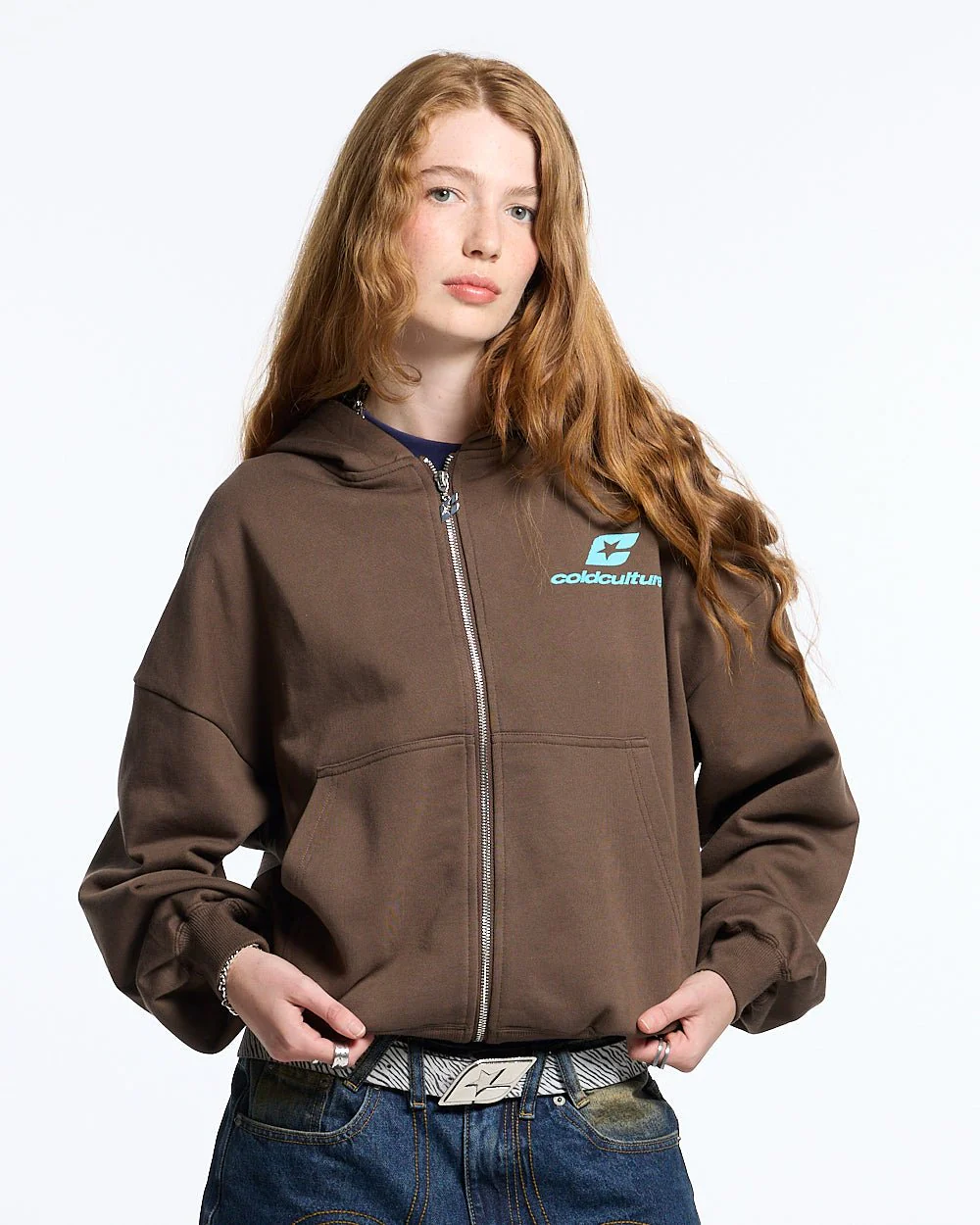 CURVED ZIP HOODIE BROWN & BLUE - Image 5