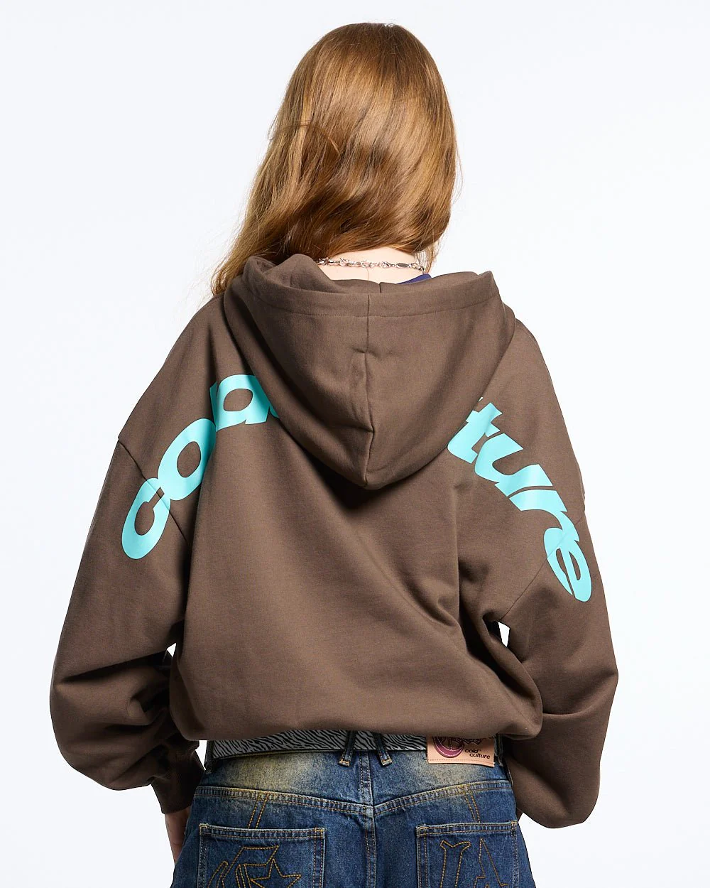 CURVED ZIP HOODIE BROWN & BLUE - Image 6