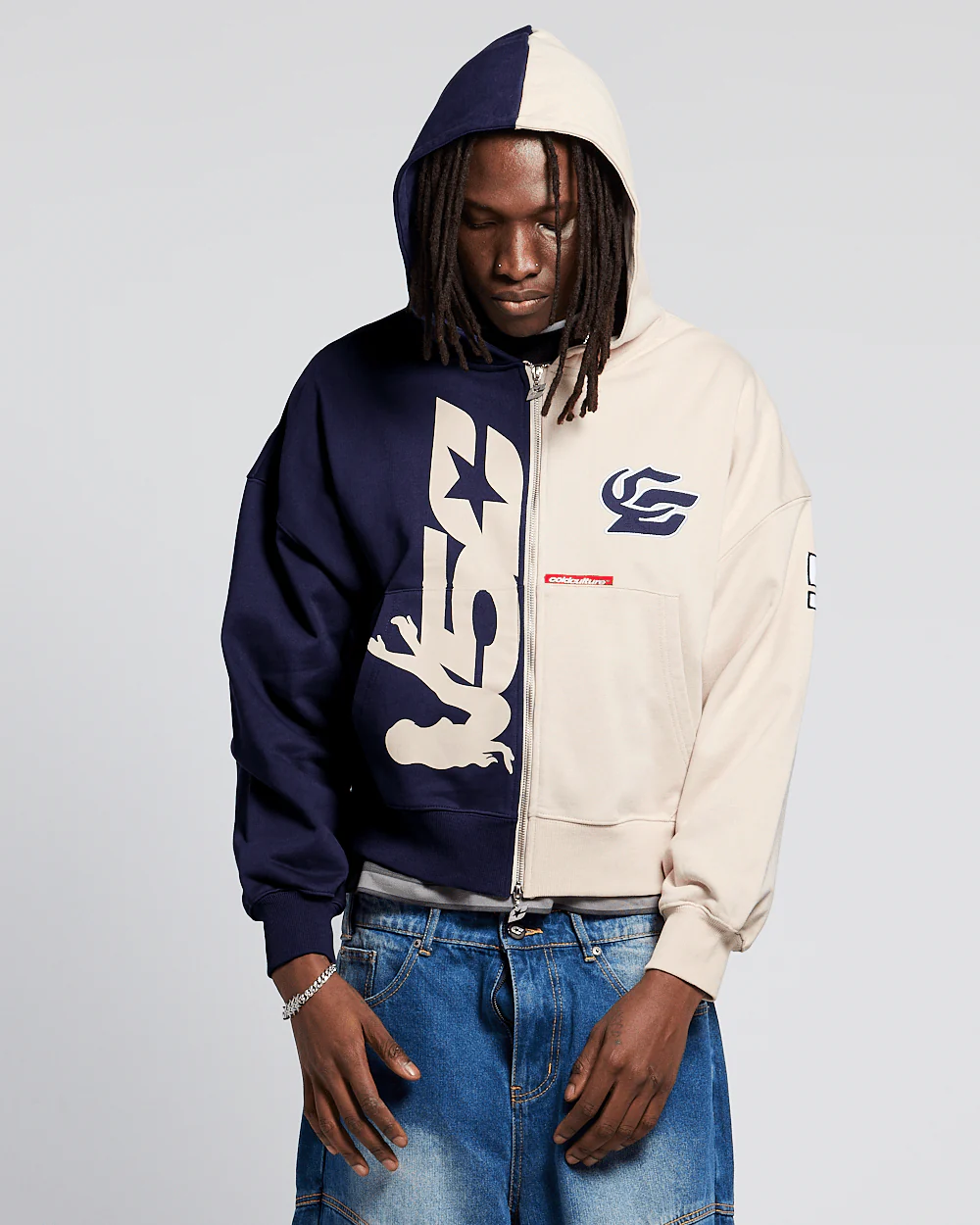 OUTLAW MOOD ZIP HOODIE IVORY GREY & DARK BLUE - Image 2