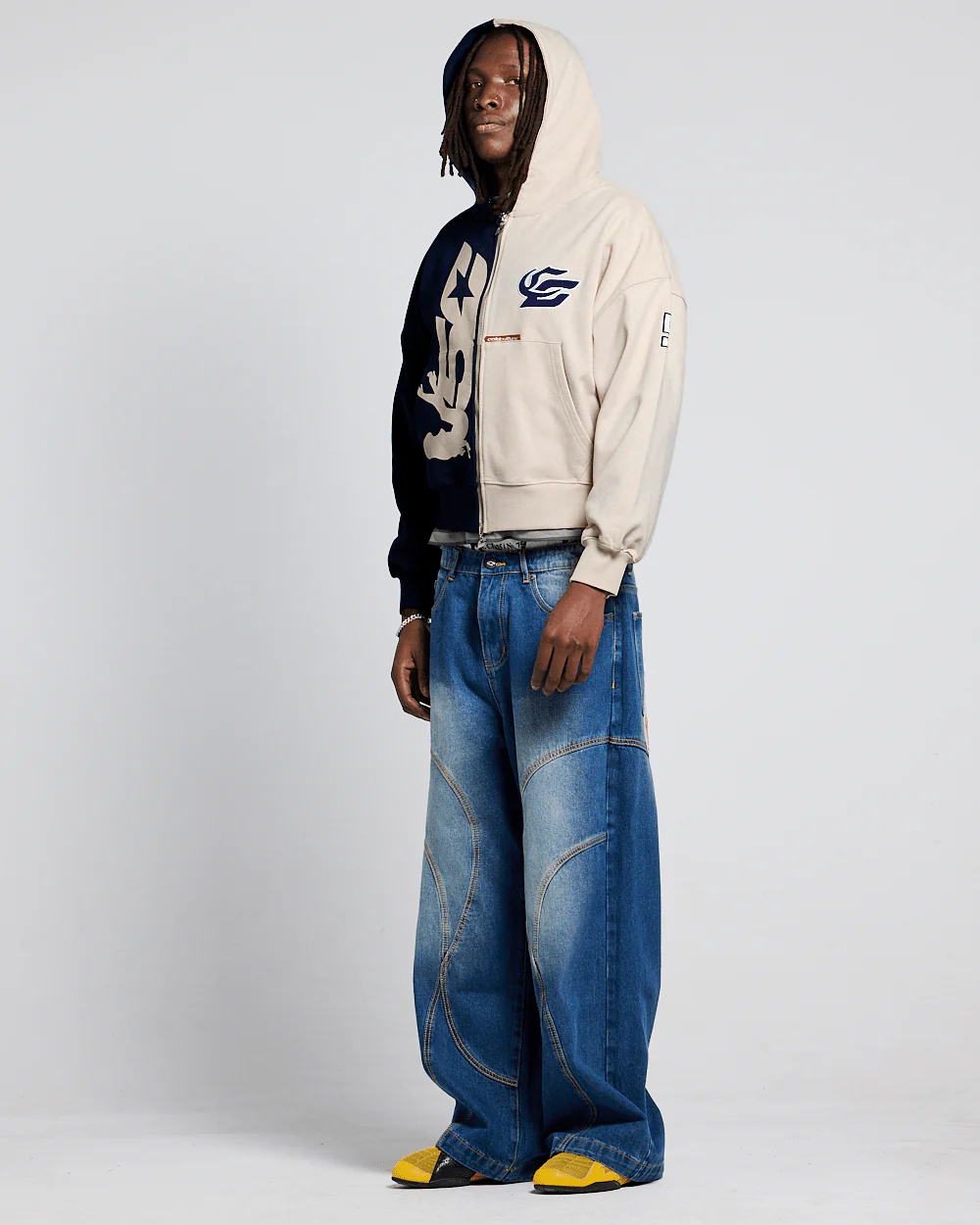 OUTLAW MOOD ZIP HOODIE IVORY GREY & DARK BLUE - Image 4