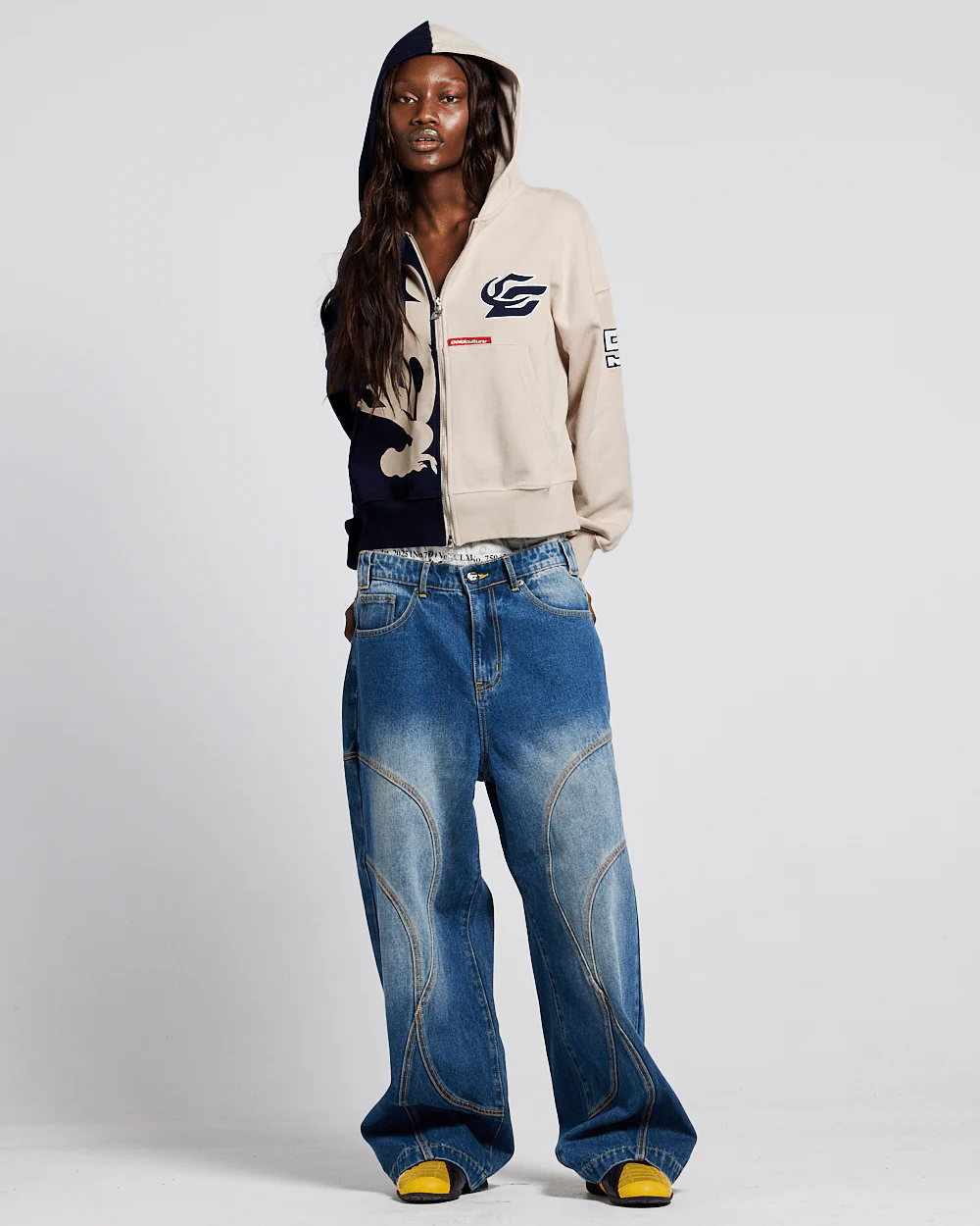 OUTLAW MOOD ZIP HOODIE IVORY GREY & DARK BLUE - Image 6