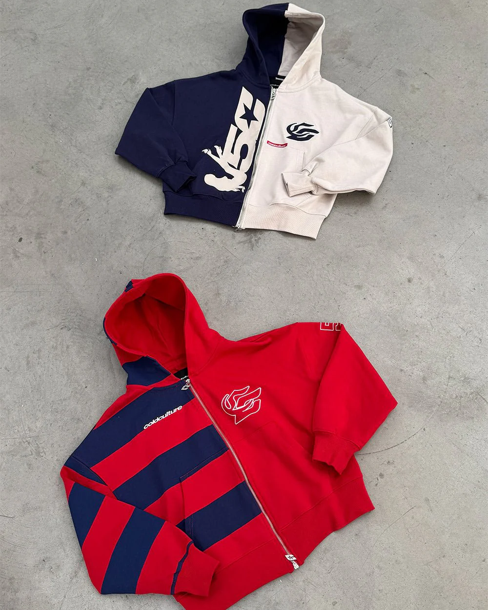 OUTLAW MOOD ZIP HOODIE IVORY GREY & DARK BLUE - Image 7