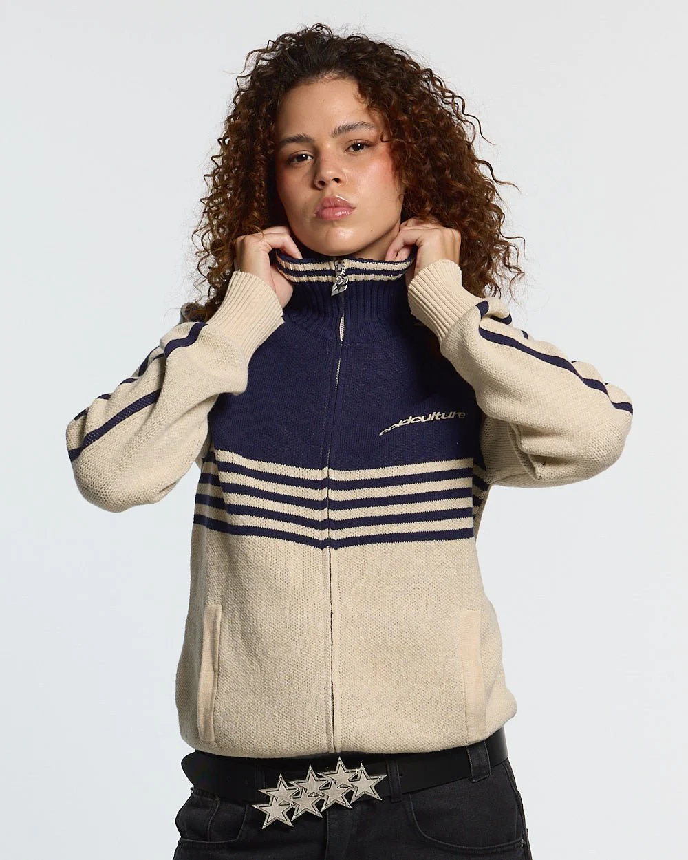 POWERLINE ZIP KNIT BEIGE & DARK BLUE - Image 5