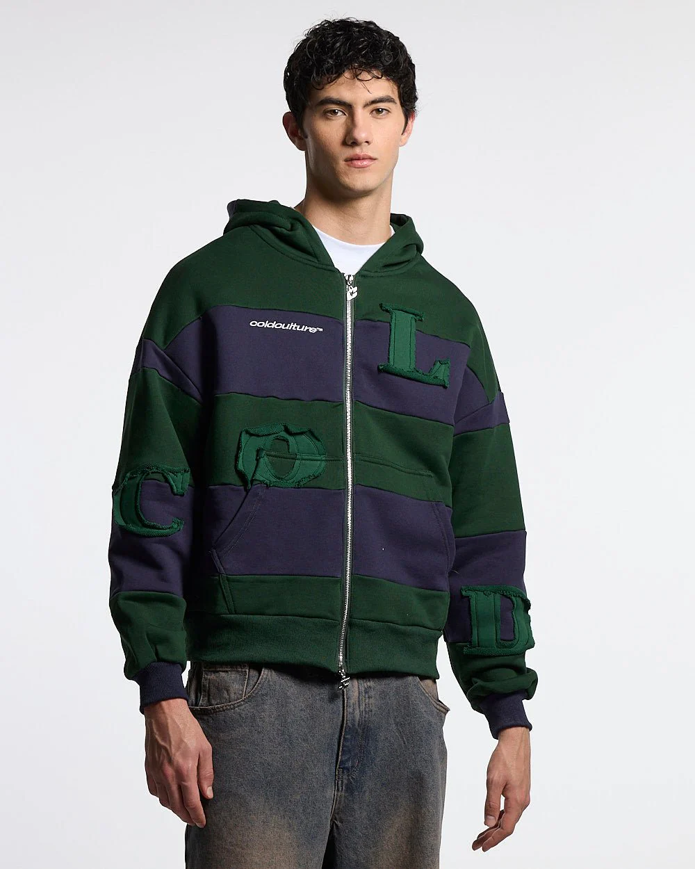 PUZZLE ZIP HOODIE GREEN & NAVY - Image 2