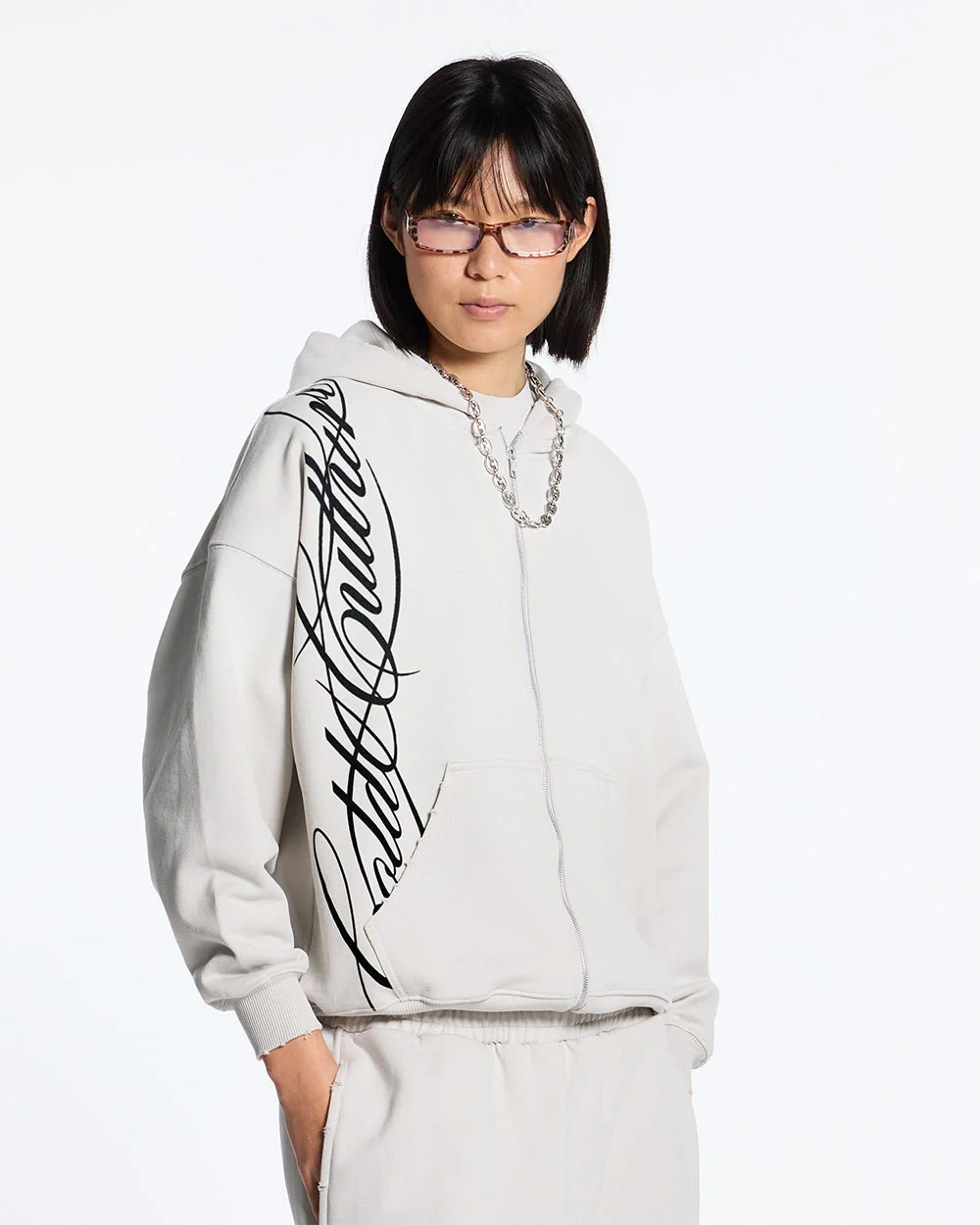 SCRIPT ZIP HOODIE LIGHT GREY - Image 5